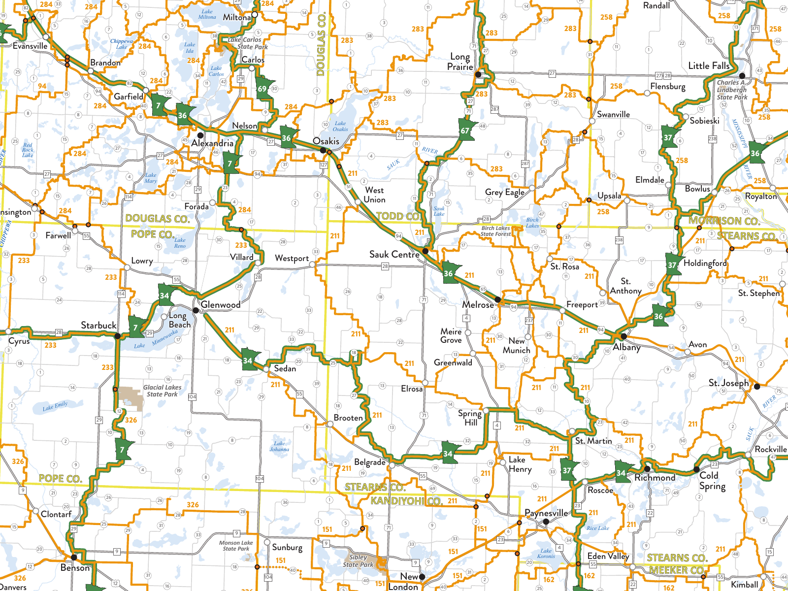The Sauk Centre area of the MN DNR Southwest Quadrant snowmobile trail map